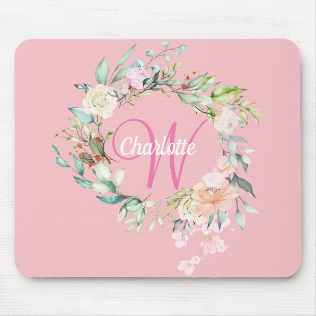 Tapis De Souris Pink Pretty Initial Script Monogramme Rose Floral (Devant)