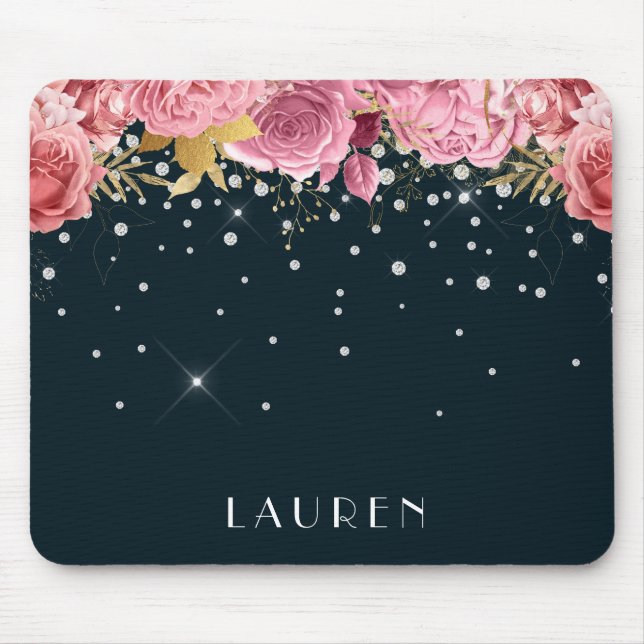 Tapis De Souris pink roses diamonds sophisticated sparkle monogram (Devant)