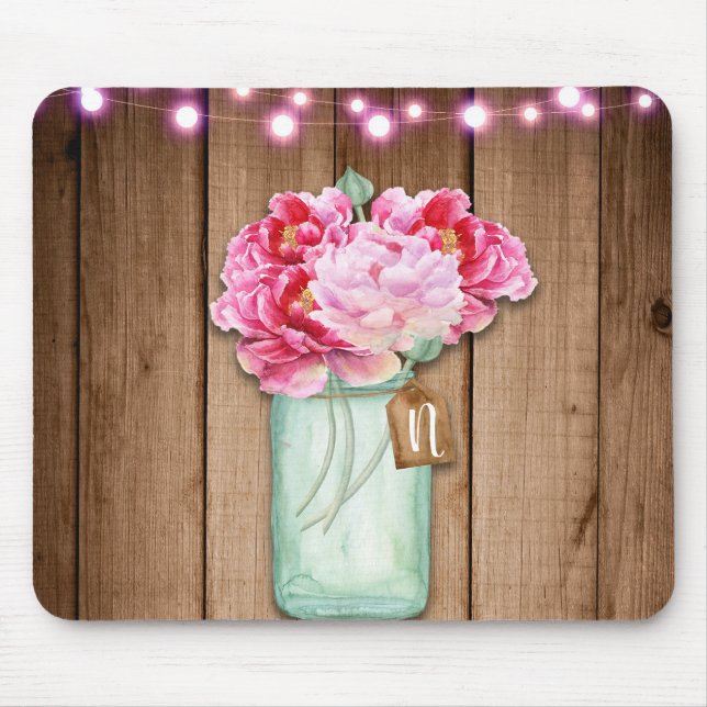 Tapis De Souris Pink String Lights & Mason Jar Flowers Rustic Wood (Devant)