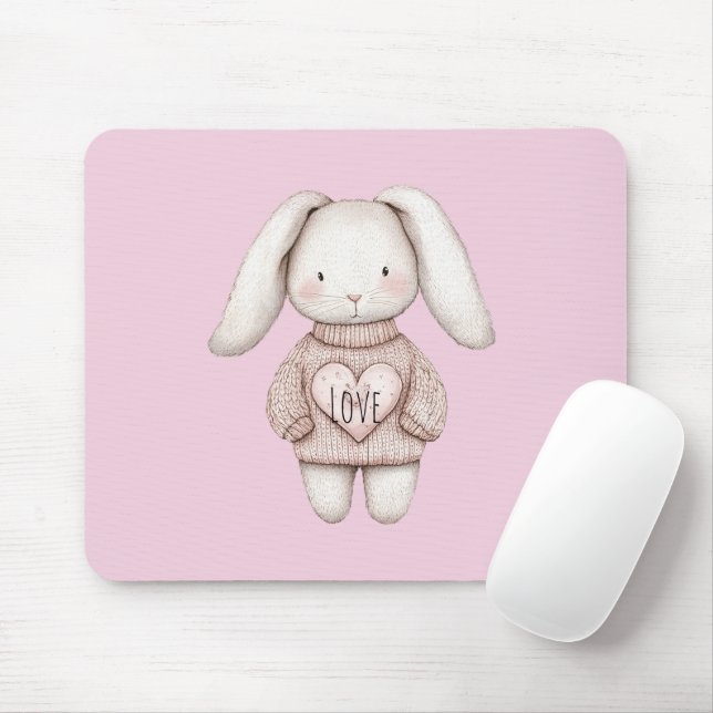 Tapis De Souris Pink Sweet Cute Bunny Pink Sweater Heart (Avec souris)