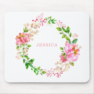 Tapis De Souris Pink Watercolor Flowers Personalized