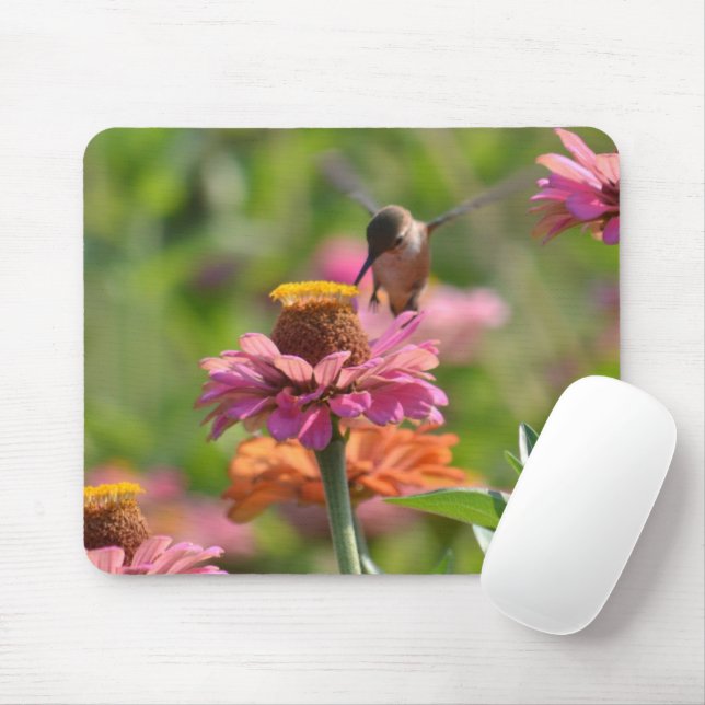 Tapis De Souris Pink Zinnia Flowers Hummingbird Photography (Avec souris)
