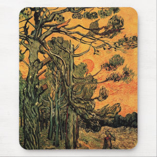 Tapis De Souris Pins contre ciel rouge avec soleil couchant.