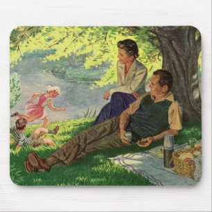 Tapis De Souris Pique-nique familial vintage amusant sous un arbre