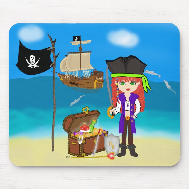 Tapis De Souris Pirate de fille avec poitrine au trésor Mousepad (Devant)