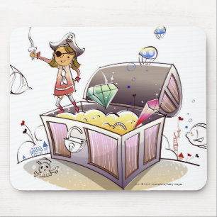 Tapis De Souris Pirate féminin se tenant sur un coffre au trésor