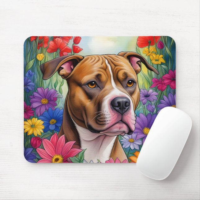 Tapis De Souris Pitbull dans le jardin des fleurs (Avec souris)