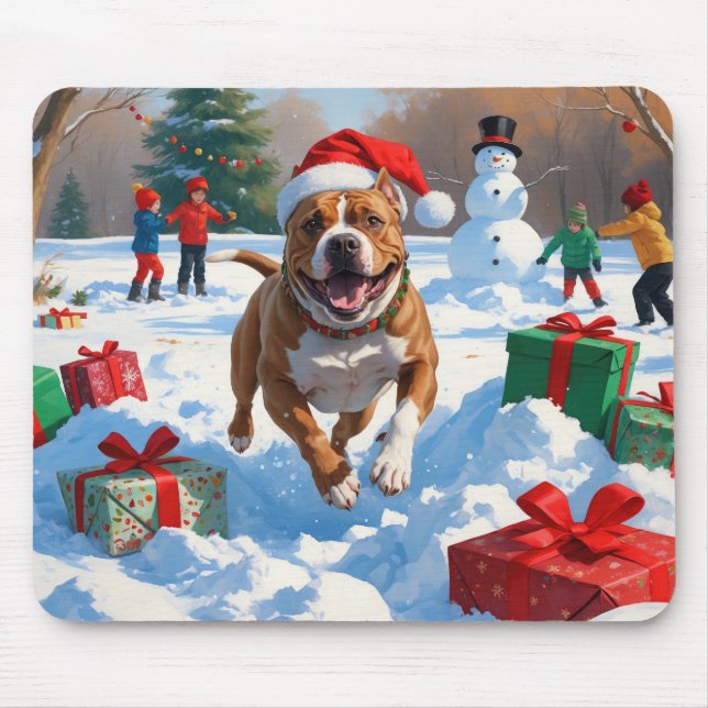 Tapis De Souris Pitbull Dog courir dans la neige avec le Casquette (Devant)