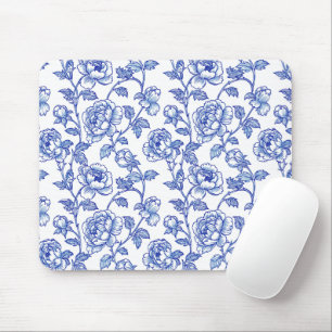 Tapis De Souris Pivoine rose de chinoiserie bleue et blanche