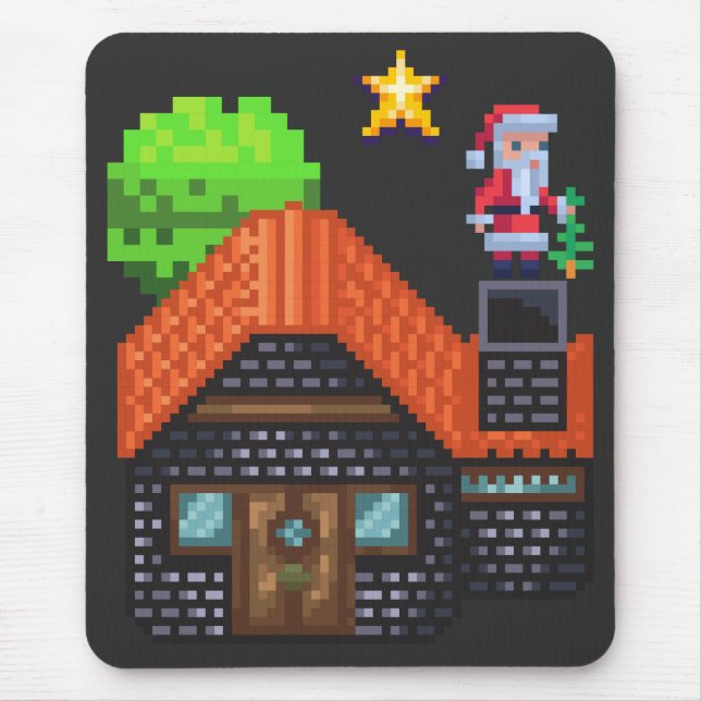 Tapis De Souris Pixel Art Père Noël sur le toit Maison de Noël (Devant)