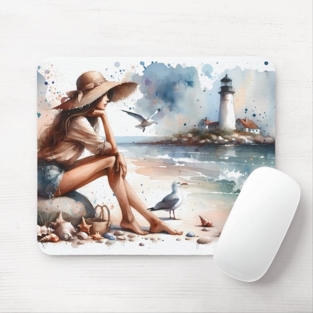 Tapis De Souris Plage côtière fille et phare (Avec souris)