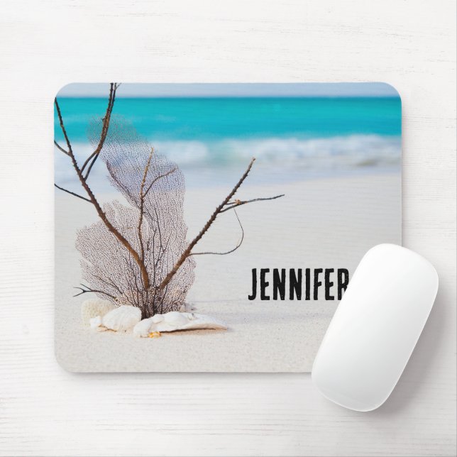 Tapis De Souris Plage de sable avec coquillages blancs (Avec souris)