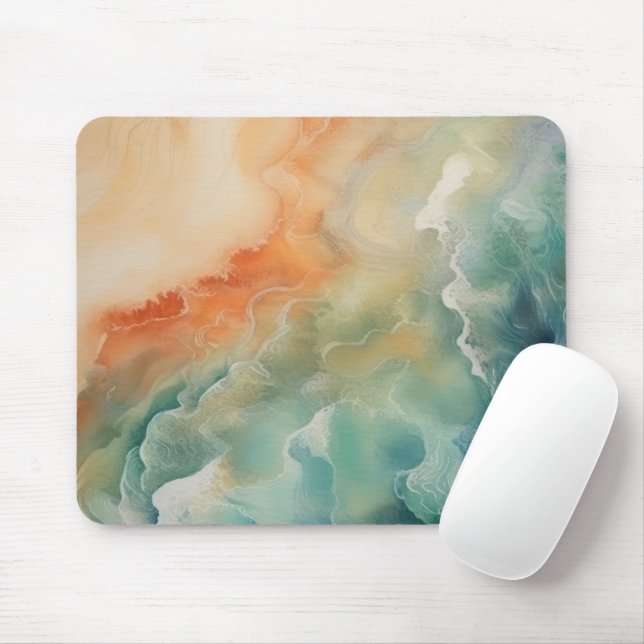 Tapis De Souris Plage Océan Vagues Sarcelle Aqua Sable Orange  (Avec souris)