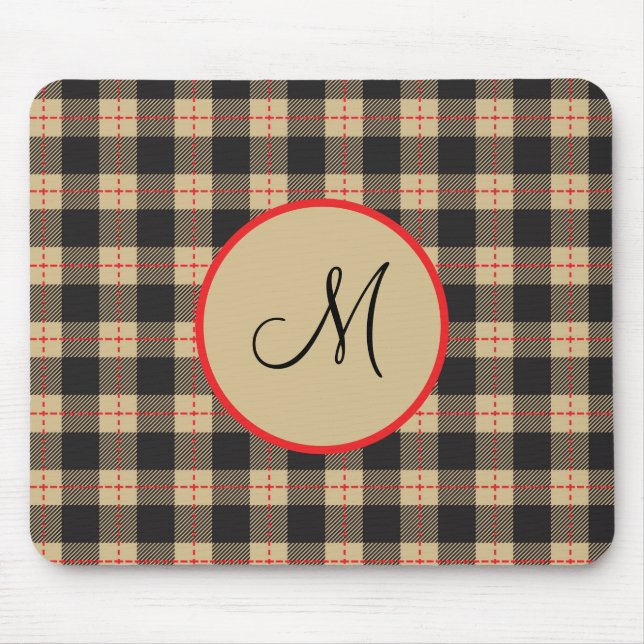 Tapis De Souris Plaid Buffalo Brun Noir et Rouge Monogrammé (Devant)