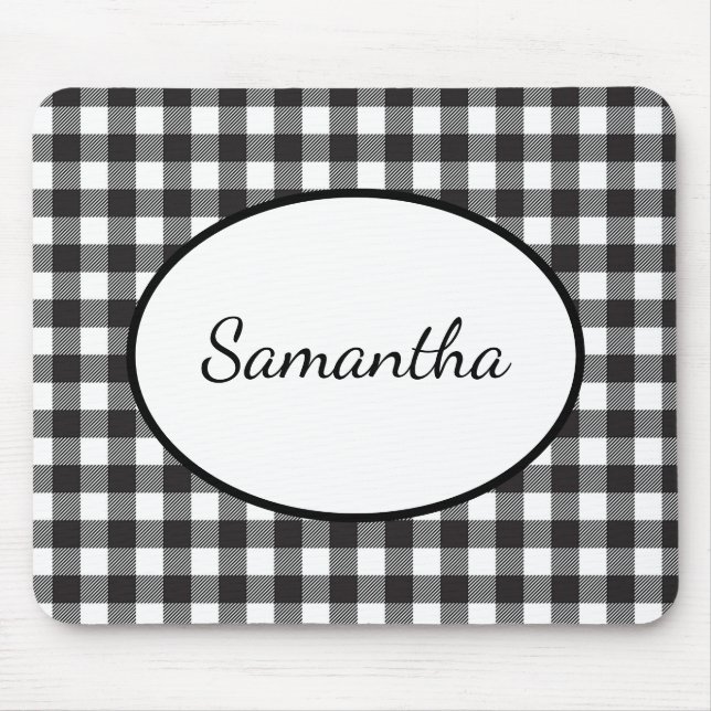 Tapis De Souris Plaid Buffalo noir et blanc monogrammé (Devant)