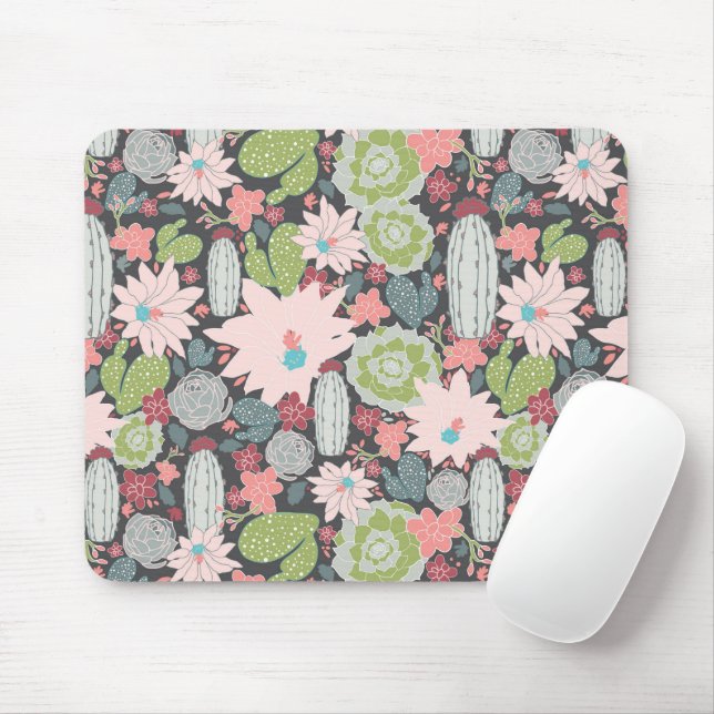 Tapis De Souris Plantes Succulents et cactus en vert et rose (Avec souris)