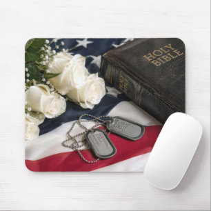 Tapis De Souris Plaques d'identité militaire avec roses et Bible