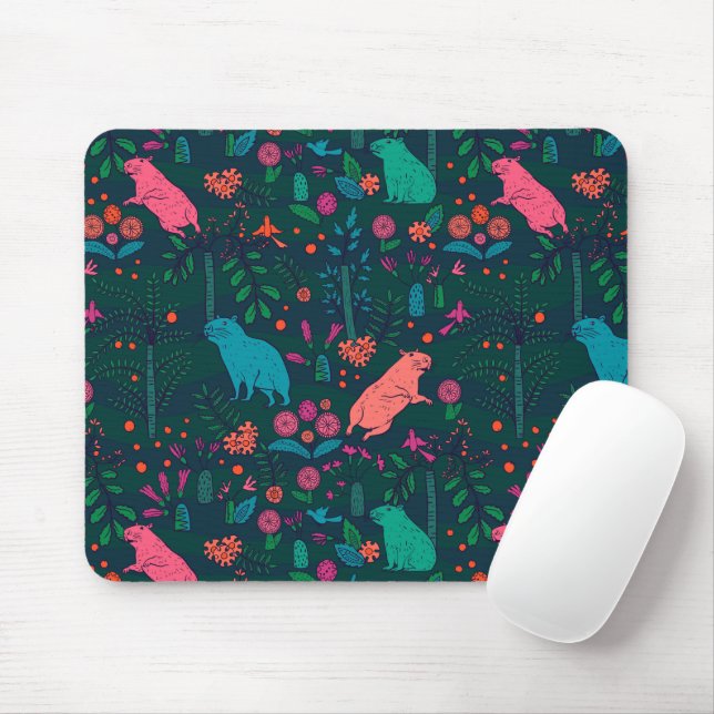 Tapis De Souris Playful Capybara in the Forest – Tropical Seamless (Avec souris)