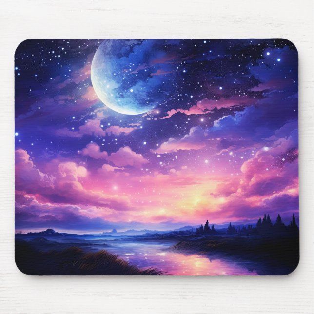 Tapis De Souris Pleine lune Céleste Étoiles Nuages Mystique Violet (Devant)