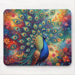 Tapis De Souris Plumes de paon colorées et fleurs
