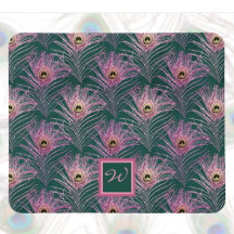 Plumes de paon rose et Monogramme sur Deep Green