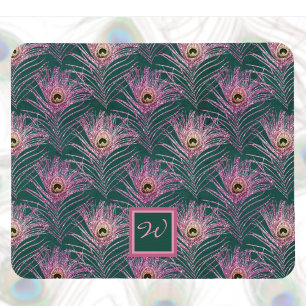 Tapis De Souris Plumes de paon rose et Monogramme sur Deep Green