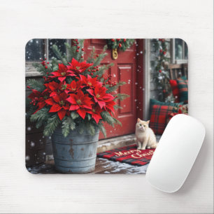 Tapis De Souris Poinsettias de Noël et chat blanc