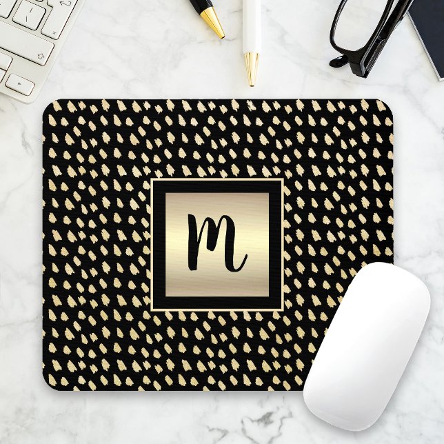 Tapis De Souris Points dorés noirs monogramme moderne script luxe (Créateur téléchargé)