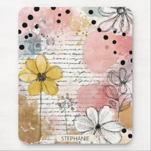 Tapis De Souris Points noirs et blancs - Croquis floraux roses