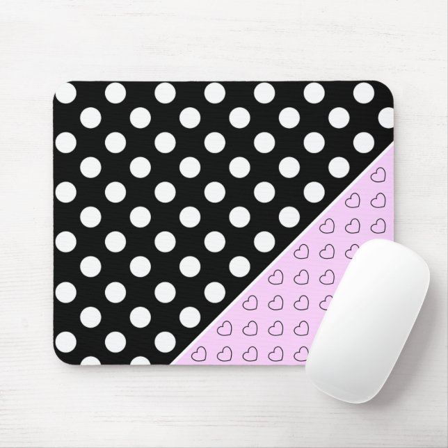 Tapis De Souris Pois Et Coeurs Noirs Et Roses (Avec souris)