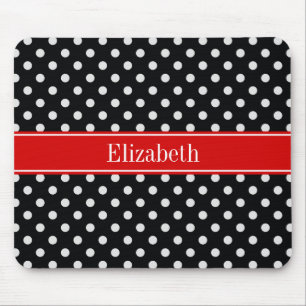 Tapis De Souris Pois noirs et blancs Nom rouge Monogramme