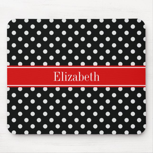 Tapis De Souris Pois noirs et blancs Nom rouge Monogramme (Devant)