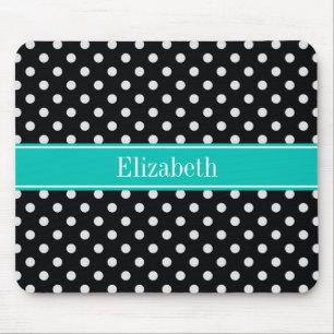 Tapis De Souris Pois noirs et blancs Nom Turquoise Monogramme