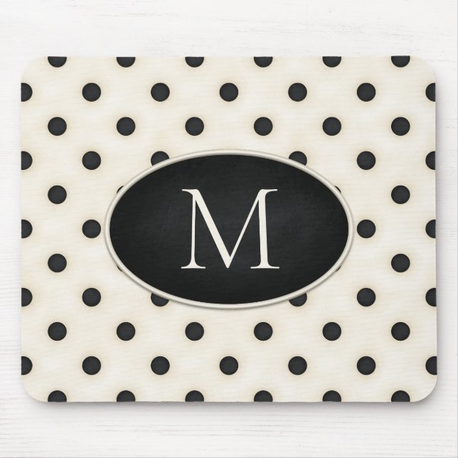 Tapis De Souris Pois noirs sur blanc antique Monogramme (Devant)
