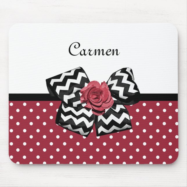 Tapis De Souris Pois rouges mignons avec Rose Chevron Bow et nom (Devant)