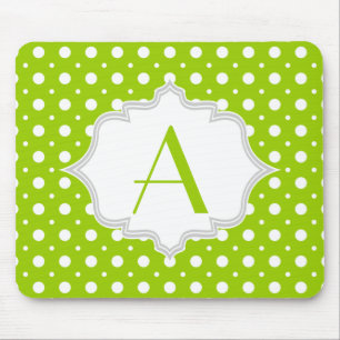 Tapis De Souris Pois vert moderne, blanc pois motif & monogramme