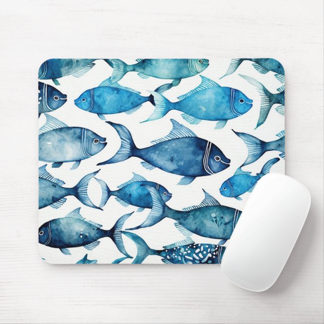 Tapis De Souris Poisson bleu et marine | Bureau de l'océan côtier (Avec souris)