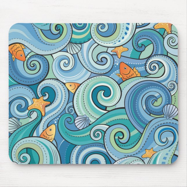 Tapis De Souris Poissons parmi le motif de vagues (Devant)