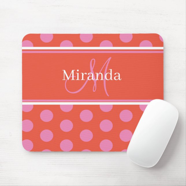 Tapis De Souris Polka Dot Monogramme Script Rose Orange Girly (Avec souris)