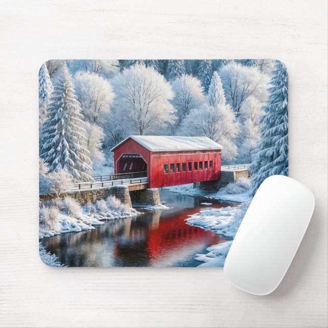 Tapis De Souris Pont Rouge De Noël En Forêt D'Hiver (Avec souris)