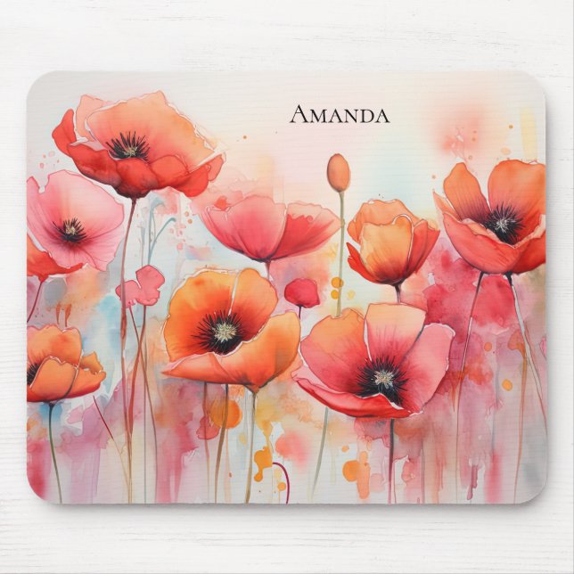 Tapis De Souris Poppies d'aquarelle rouge dans un champ (Devant)