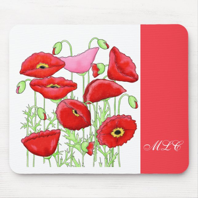 Tapis De Souris Poppies roses rouges Art Personnalisé Monogramme p (Devant)