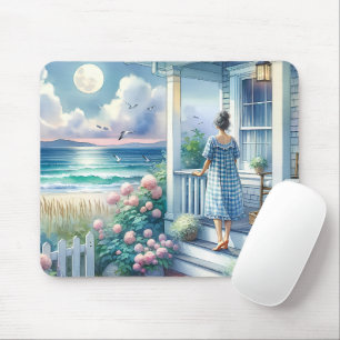 Tapis De Souris Porche de cottage au clair de lune au bord de la m