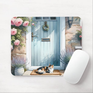 Tapis De Souris Porche Floral Cottagecore avec Chat Calicot