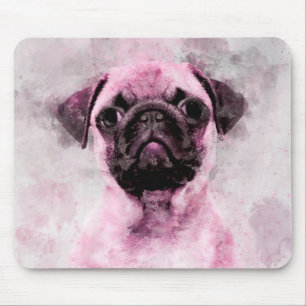 Tapis De Souris Portrait d'aquarelle de chien Carlin rose 02