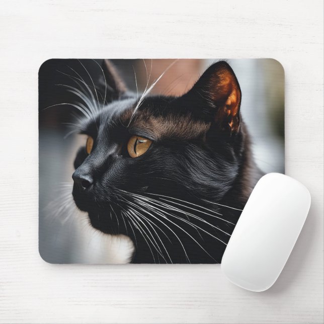 Tapis De Souris Portrait de chat noir (Avec souris)