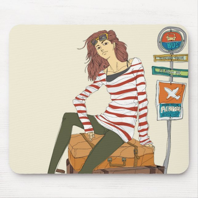 Tapis De Souris Portrait de jeune femme se reposant sur la valise (Devant)