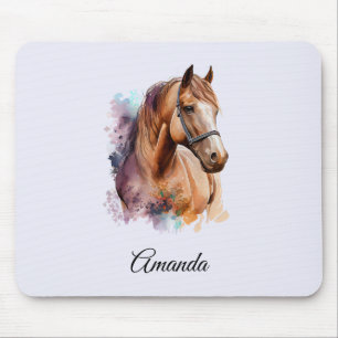 Tapis De Souris Portrait de tête de cheval brun à l'aquarelle