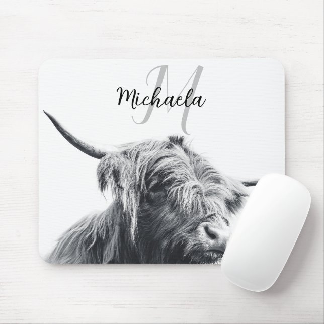 Tapis De Souris Portrait de vache Highland premier monogramme noir (Avec souris)
