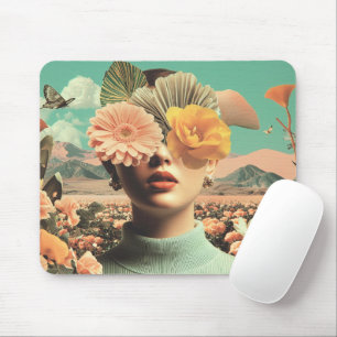 Tapis De Souris Portrait Féminin Surréaliste avec des Fleurs Couvr